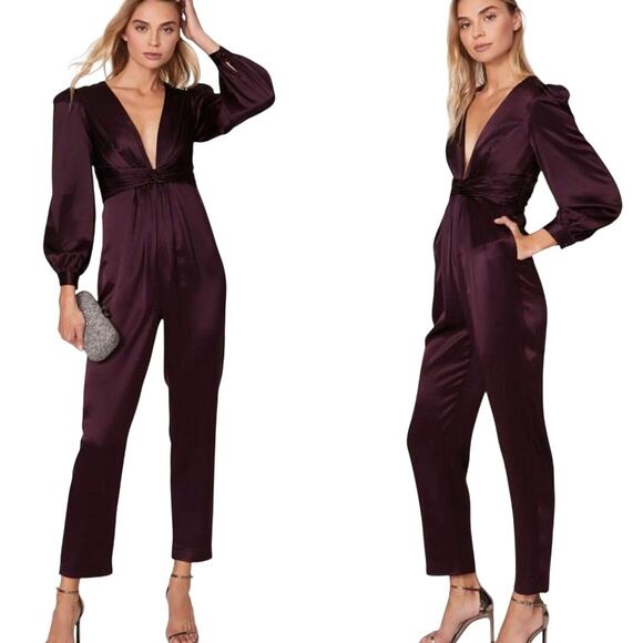 Mac Duggal NWT Plum Front Twist Puff Sleeve Deep V Jumpsuit Satin Size 2 Pockets